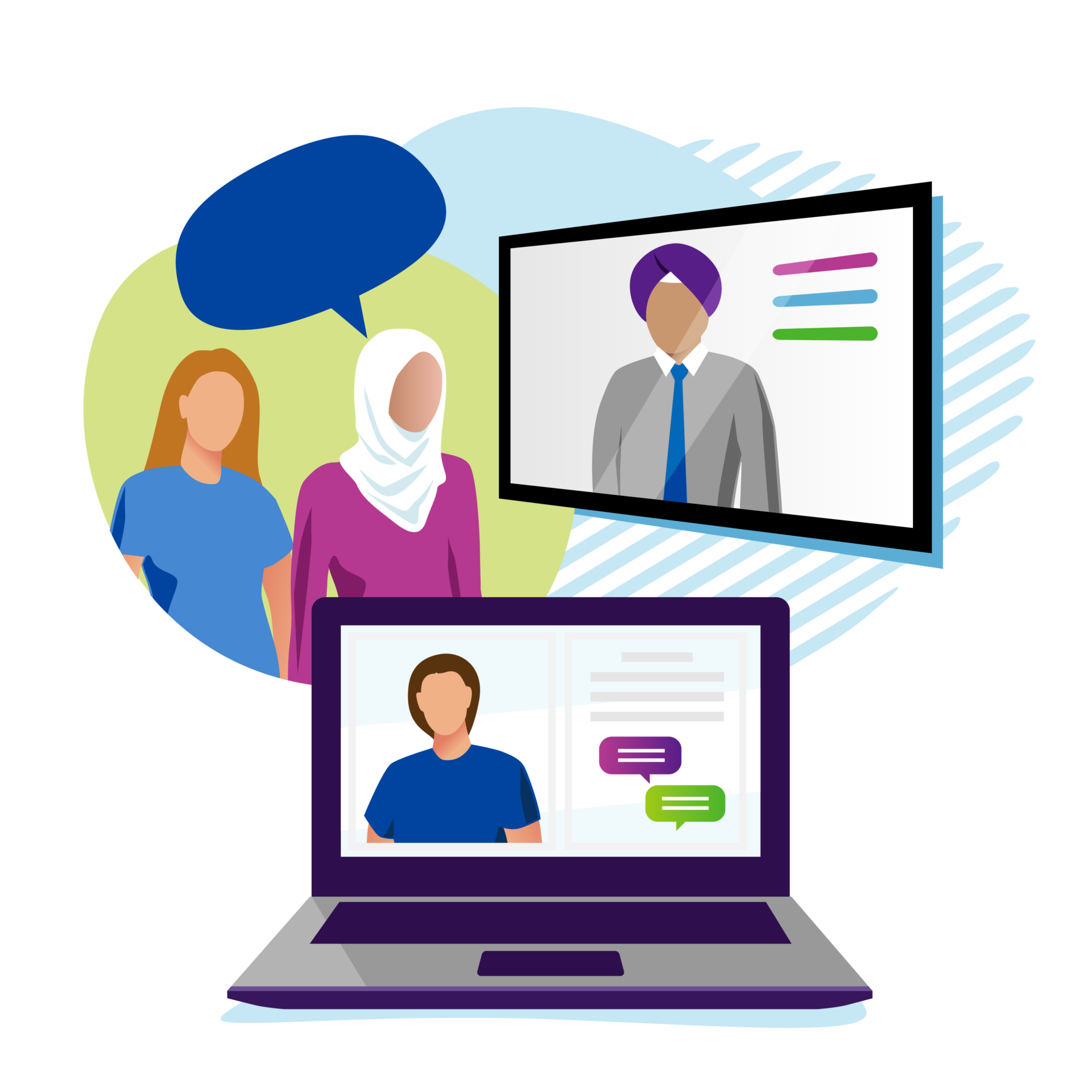 graphic showing a screen, a laptop and two people