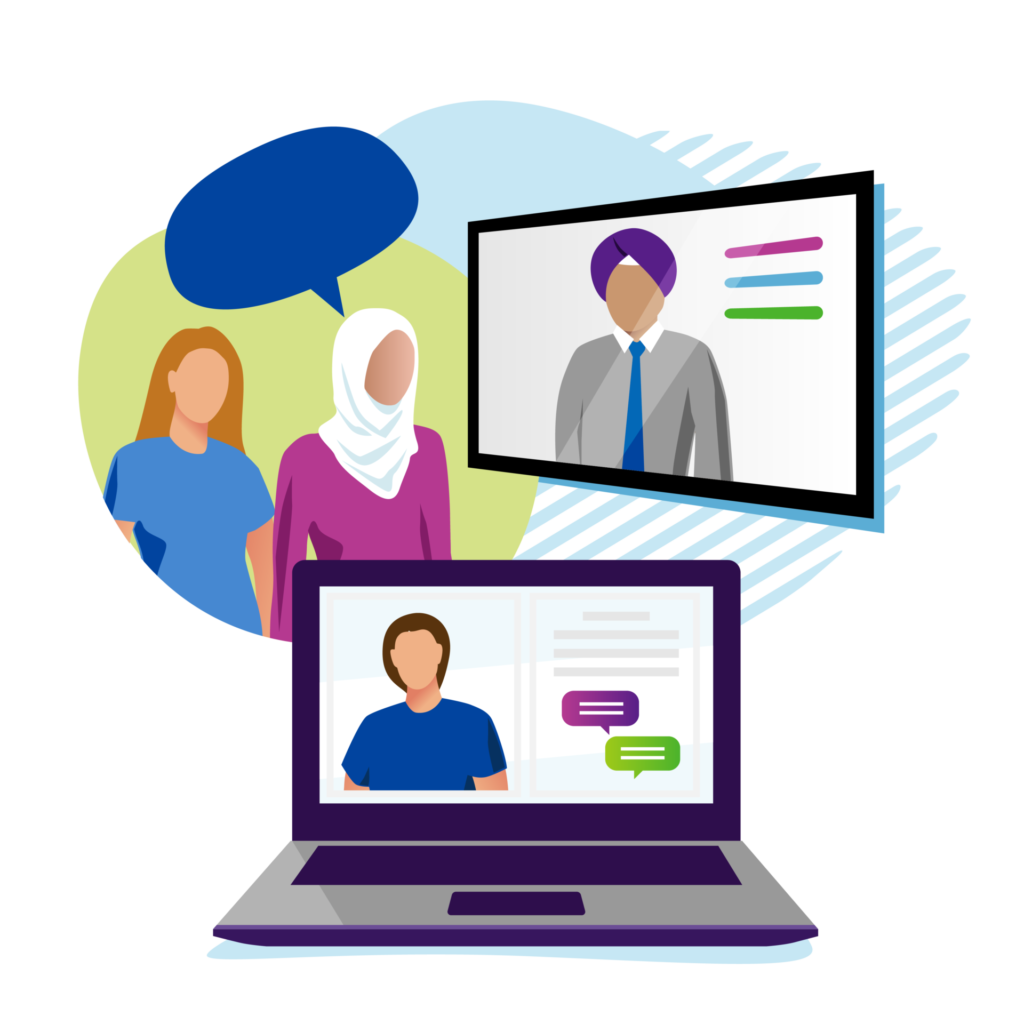 graphic showing a screen, a laptop and two people